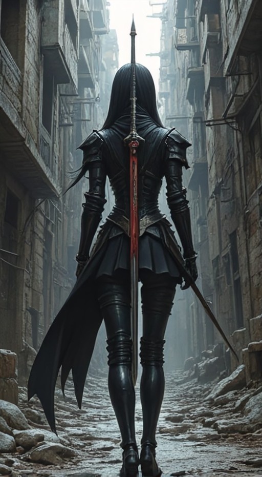 A woman with long black hair wearing black armor and thigh-high boots walks away down a ruined alleyway carrying a massive sword on her back.