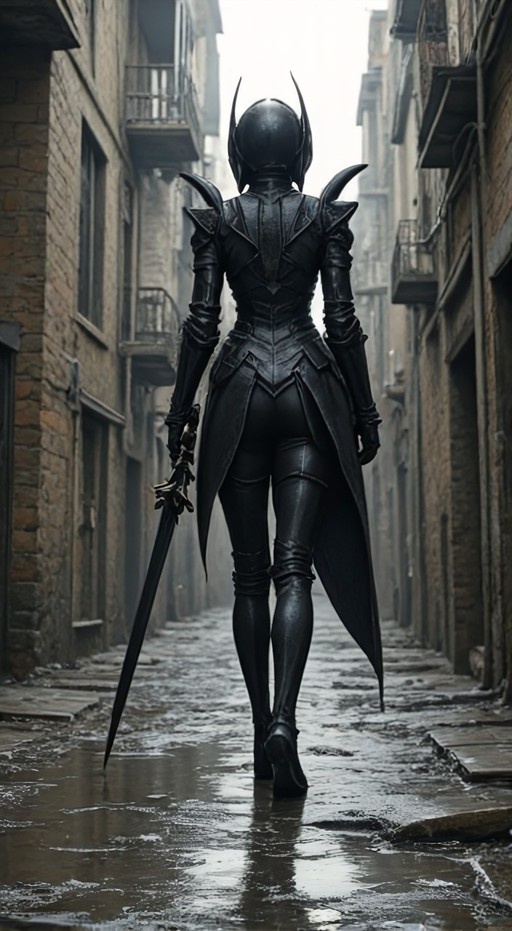 A girl in black cyber-armor walking away down a wet brick alley holding a sword, rendered in claymation style.