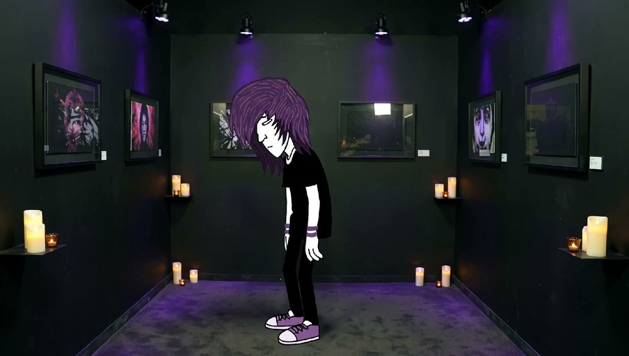 A cartoon figure with shaggy purple hair stands in a candlelit gallery as a man hands them a square tile featuring pink pixel art, followed by a handshake.