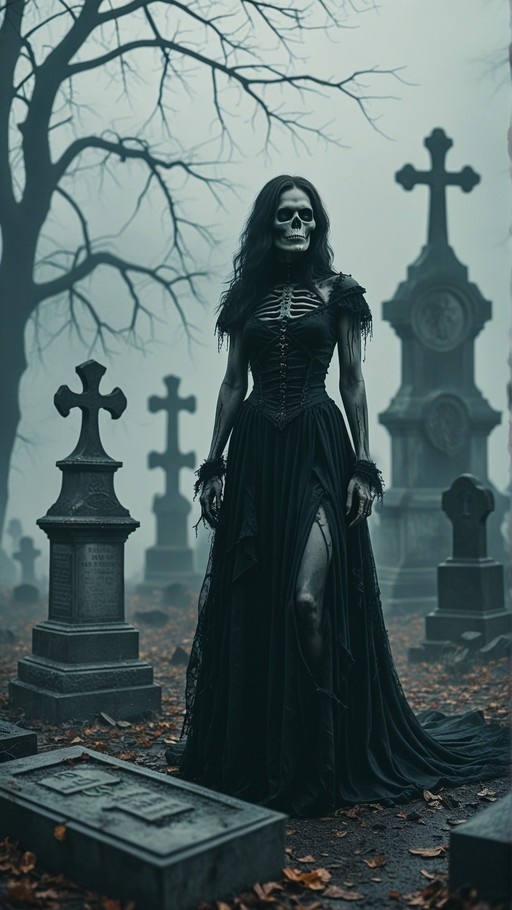 A skeletal woman with long dark hair stands in a foggy graveyard wearing a torn black dress. Tombstones and crosses are visible in the background among bare trees and fallen leaves.