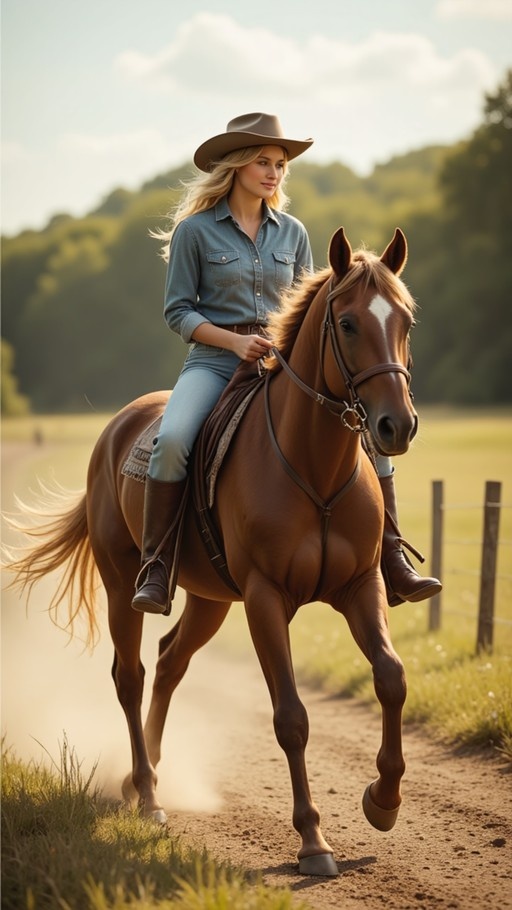 A blonde woman in a cowboy hat and denim outfit rides a brown horse on a dirt road.