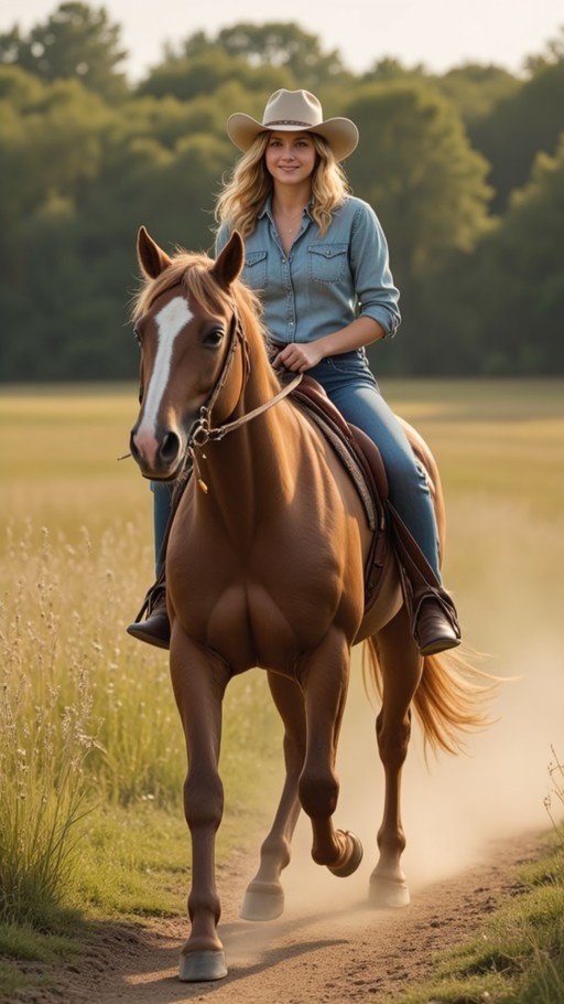 A blonde woman in a cowboy hat and jeans rides a brown horse on a dirt path.
