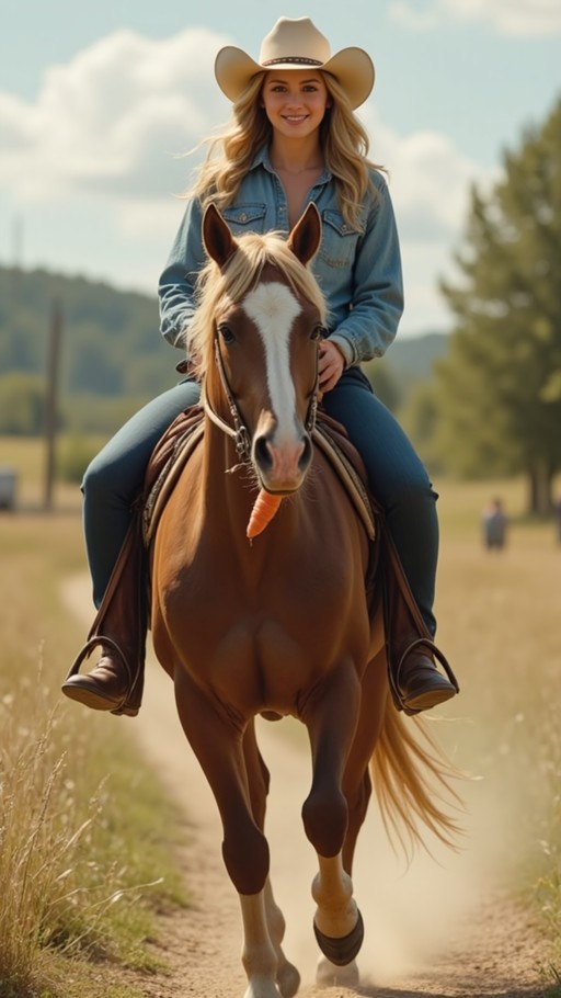 A smiling blonde woman in a cowboy hat rides a brown horse with a carrot in its mouth down a dirt path.