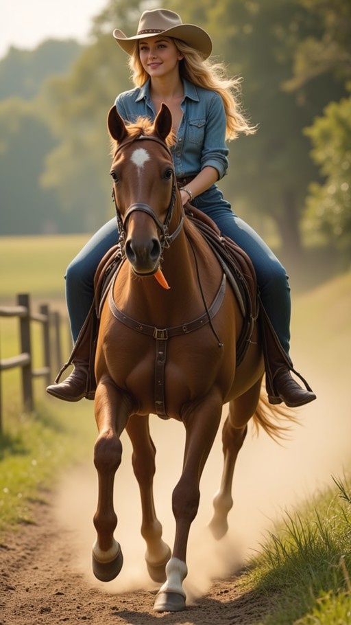 A blonde woman in a cowboy hat rides a brown horse with an orange carrot in its mouth along a dirt path.