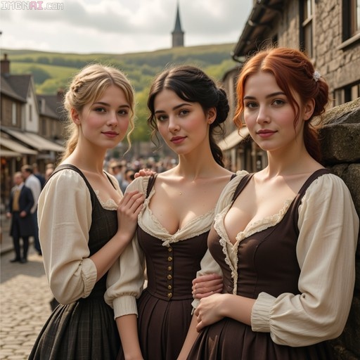 Three young women in early 19th-century dresses standing on a cobblestone street with a church spire in the background.