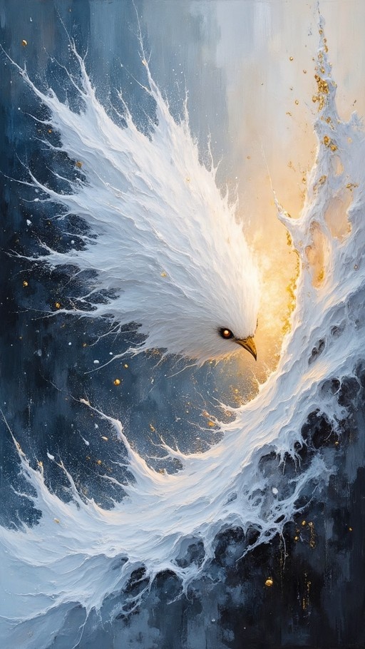 A painterly depiction of a white Shima Enaga bird head emerging from swirling blue and white glacial waves, detailed with thick impasto strokes and scattered gold leaf accents.