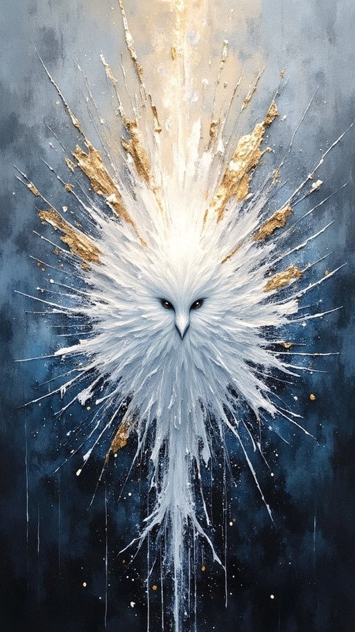Abstract oil painting of a Shima Enaga snow fairy bird with white impasto texture and gold leaf details against a dark blue background.