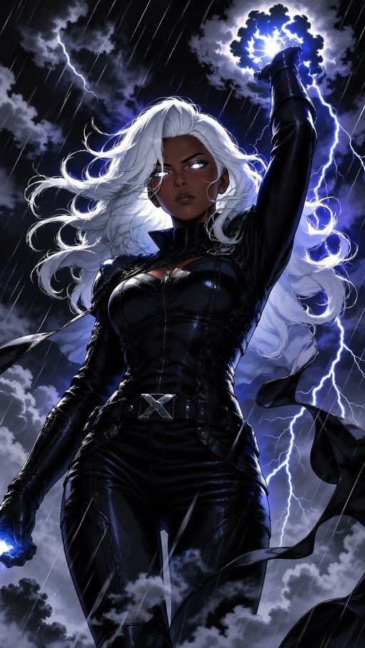 Storm from X-Men with long white hair and a black bodysuit raises her hand amidst lightning and rain.