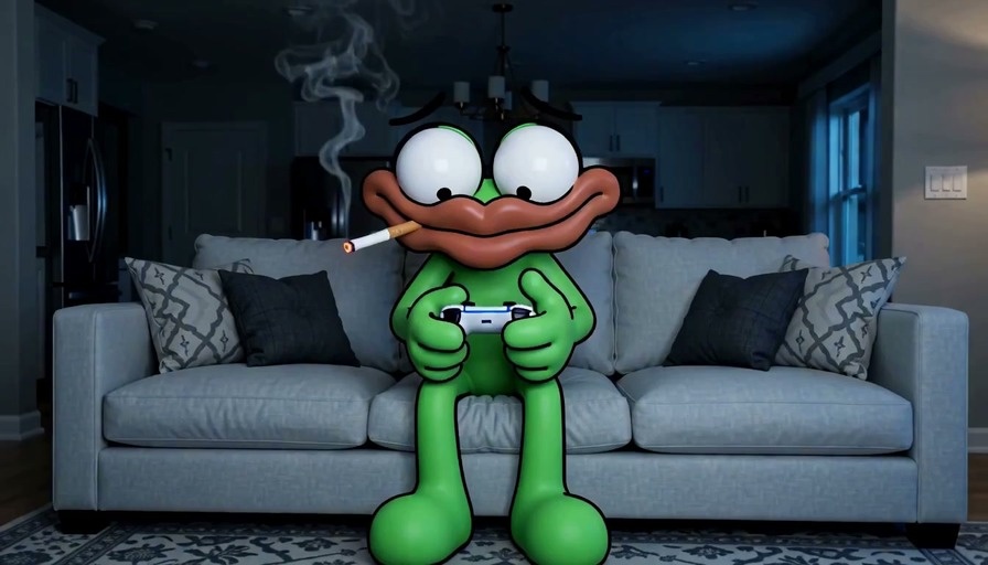 Green Yoshi character sitting on a couch smoking and holding a game controller.