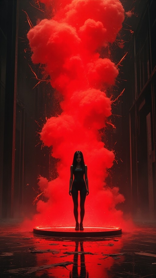 A young woman with long black hair in a bodysuit stands on a glowing platform while a large cloud of red smoke rises behind her in a dark industrial setting.