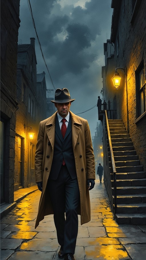 A man in a tan trench coat and fedora walks down a narrow stone alley at night, illuminated by a warm yellow streetlamp against a cloudy blue sky.