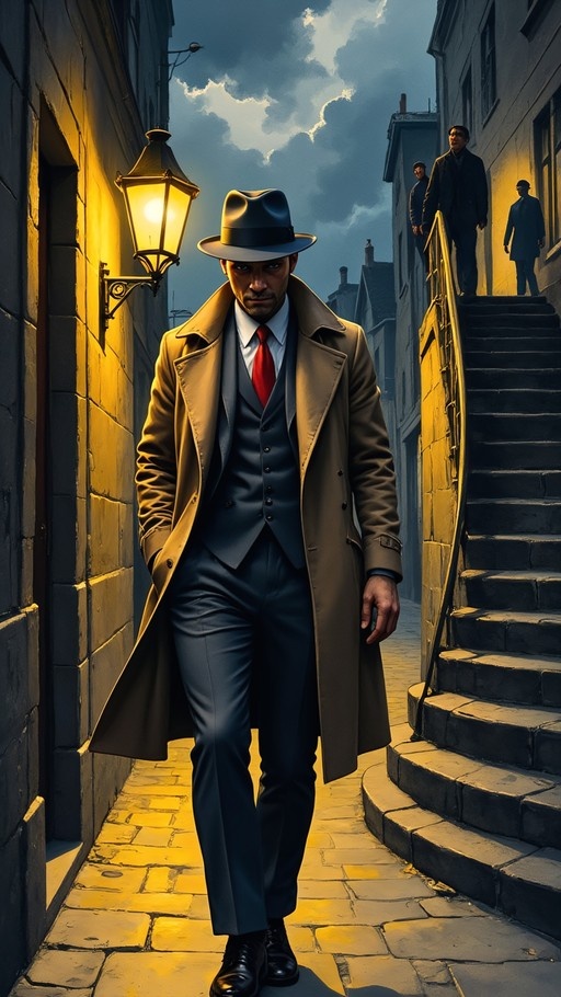 A man in a tan trench coat and fedora walks down a narrow, dimly lit alleyway with a glowing yellow street lamp on the wall.