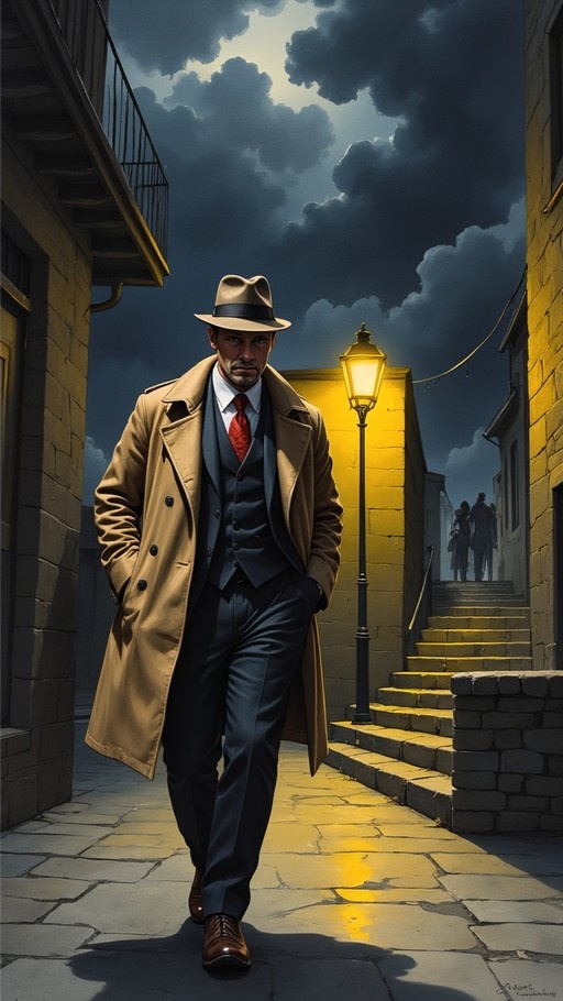 A digital painting of a film noir detective in a tan trench coat and fedora walking down a stone alley at night under a glowing yellow streetlamp.
