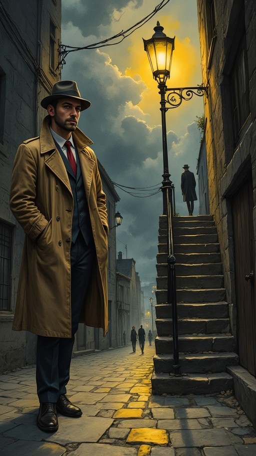 A man in a tan trench coat, red tie, and fedora stands in a narrow alleyway illuminated by a street lamp, rendered in an expressionist watercolor style.