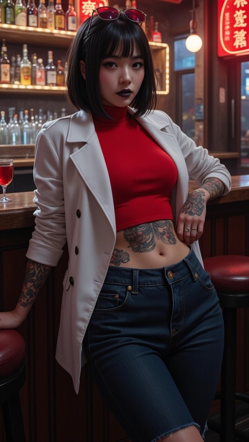 A tattooed Japanese woman with short black hair and red sunglasses on her head leans against a bar counter wearing a white jacket and red crop top.