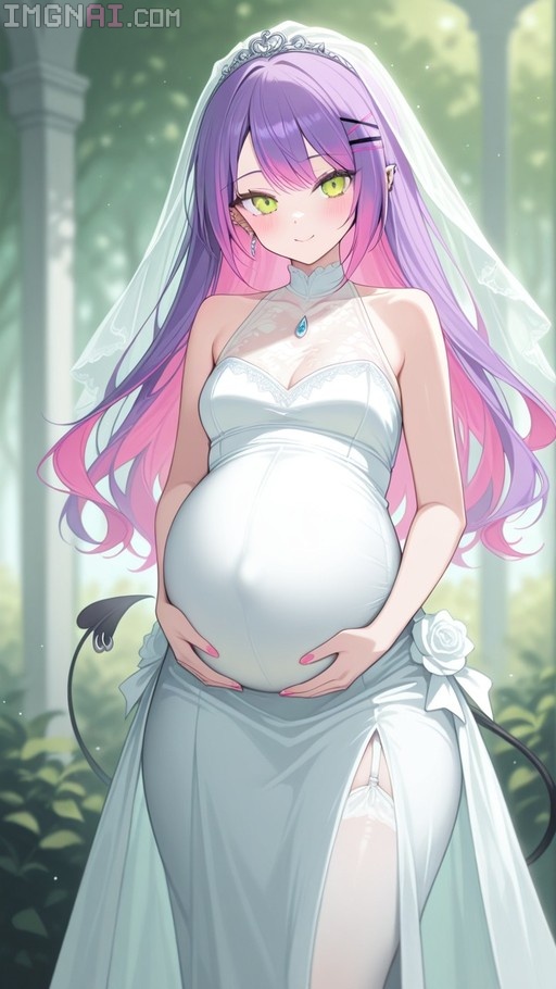 Tokoyami Towa in a white wedding dress holding her pregnant belly.
