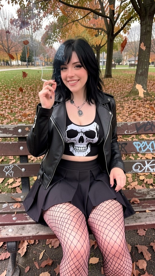 A smiling young woman with black hair wearing a skull crop top and fishnets sits on a park bench smoking a cigarette in autumn.