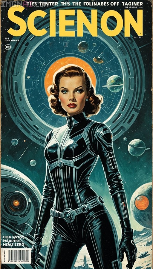 A retro science fiction magazine cover showing a woman in a black bodysuit standing in front of a view of planets and stars.