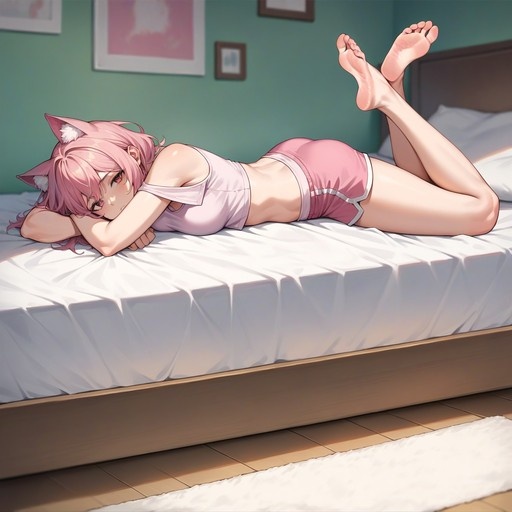 A pink-haired anime girl with animal ears lies face down on a white bed, wearing pink shorts and a light top while looking back at the viewer with her bare feet raised.