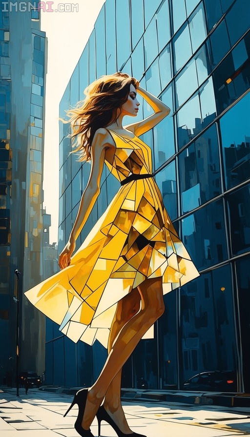 A woman in a yellow geometric dress walks down a city street with blue glass buildings.