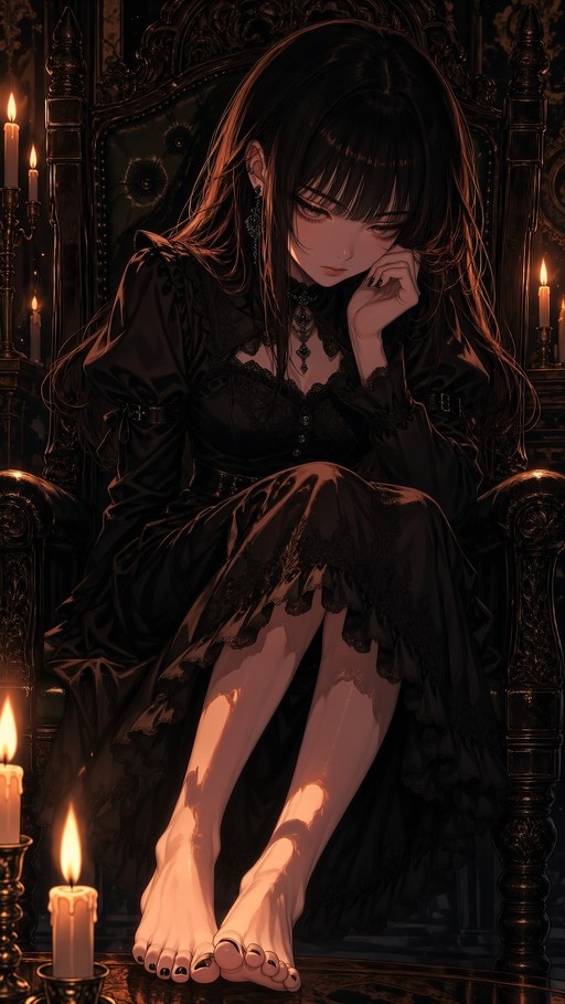 A barefoot gothic girl in a black lace dress sits on an ornate chair, illuminated by candlelight, displaying her black-painted toenails.