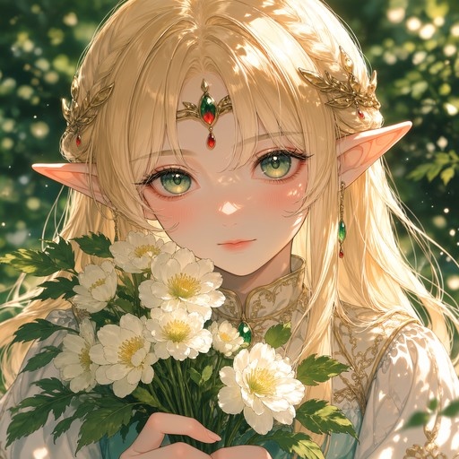A close-up portrait of a blonde elf girl with green eyes holding a bouquet of white flowers, wearing a golden headpiece in a sunlit forest.