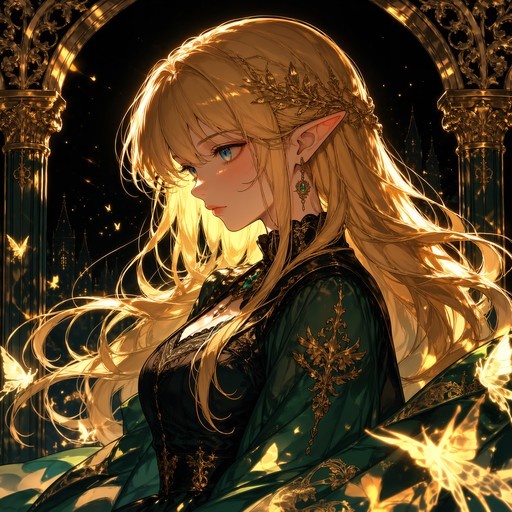 A side profile of a blonde elf woman with blue eyes and pointed ears, wearing a dark green dress and gold leaf crown, illuminated by warm backlighting with glowing butterflies around her.