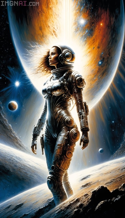 Female astronaut in a shiny metallic spacesuit standing on a rocky surface with a large glowing planet in the background.
