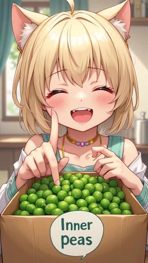 Blonde anime catgirl laughing while pointing at a box of green peas labeled Inner peas.