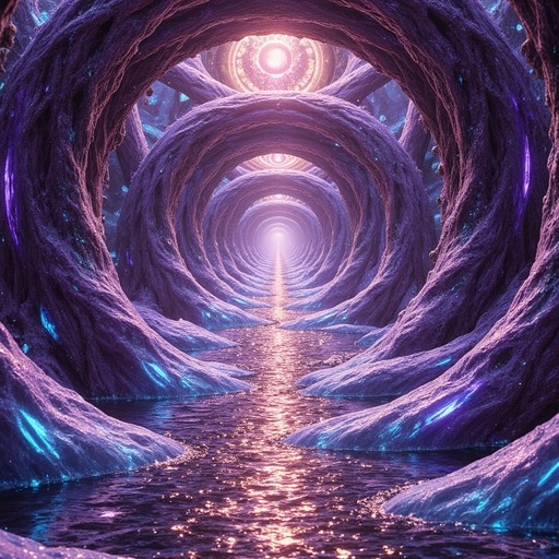 A surreal, psychedelic tunnel formed by twisting purple organic arches leads toward a glowing portal at the end, with water reflecting iridescent light along the path.