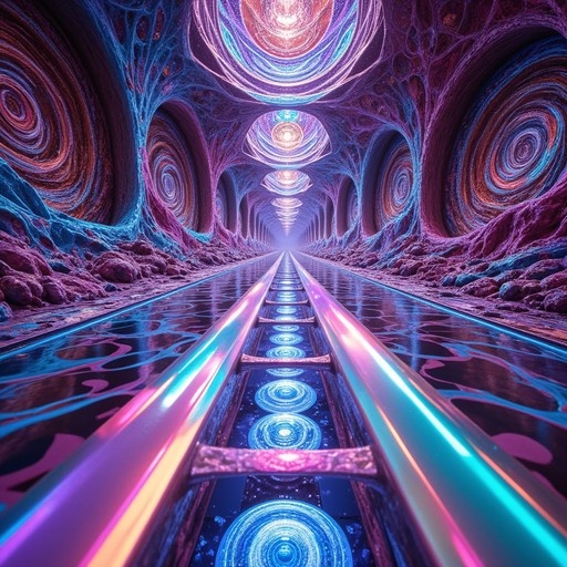 A vibrant surreal image of railroad tracks stretching into a psychedelic tunnel filled with swirling purple and blue fractal patterns and glowing circular lights.