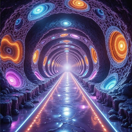 A perspective view of a psychedelic tunnel with organic rocky walls embedded in glowing circular portals, leading down a cracked, reflective road toward a bright light.