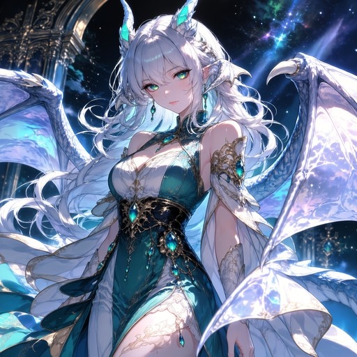 A white-haired dragon girl with green eyes and large wings wearing a blue jeweled dress against a starry night sky.