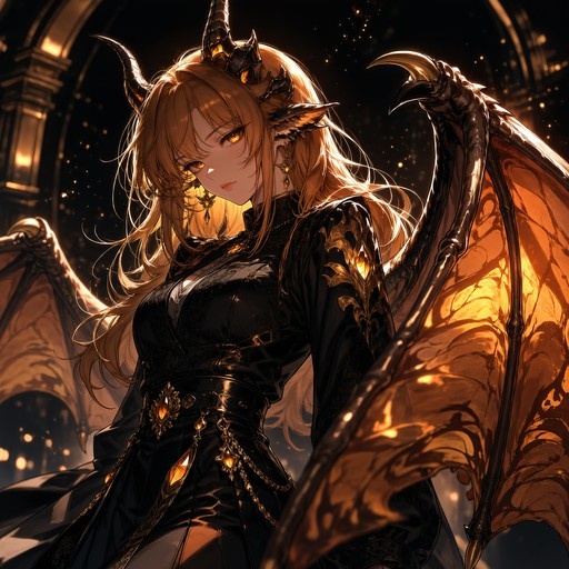 A young woman with long blonde hair and large curved horns wears a black dress with gold accents while standing with her large wings spread in a dimly lit setting.