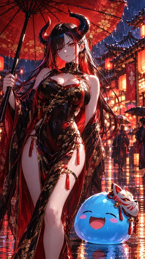 A horned anime woman in a black and red Chinese dress holding a red oil-paper umbrella stands next to a smiling blue slime with a fox mask on a rainy street at night.