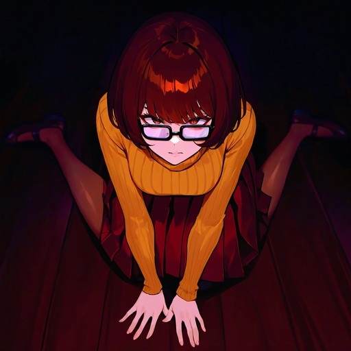 Velma Dinkley on all fours looking up through her glasses in a dark room.