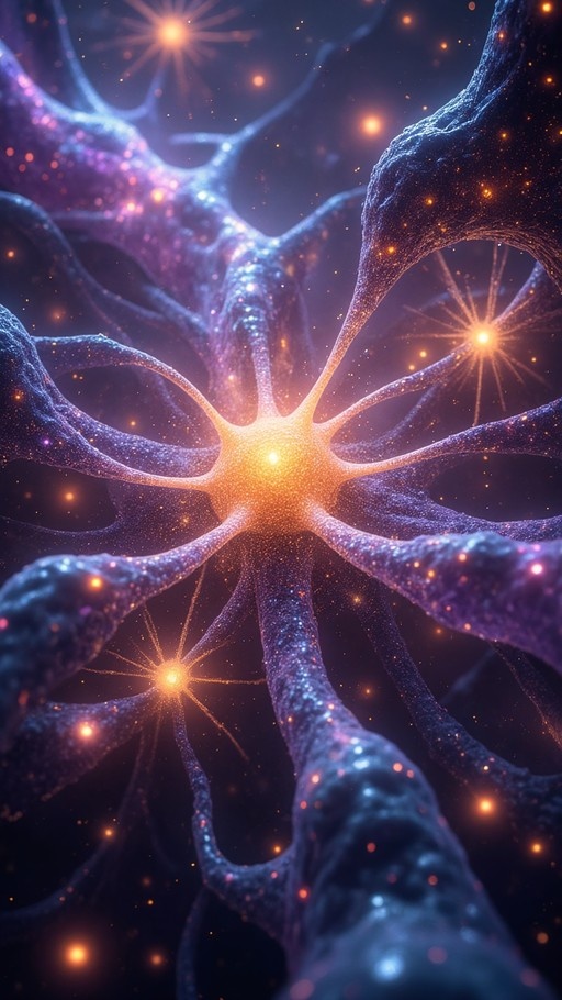 A glowing central node with radiating tendrils resembling a neuron or galaxy against a dark purple starry background.