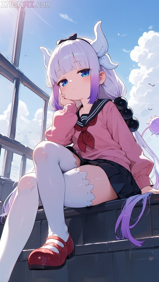 Kanna Kamui from Dragon Maid sitting on a ledge in a pink sweater and school uniform against a blue sky.