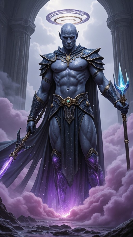 A blue-skinned bald warrior with pointed ears stands holding a glowing blue trident and a purple polearm, wearing ornate armor under a ringed halo amidst purple clouds.
