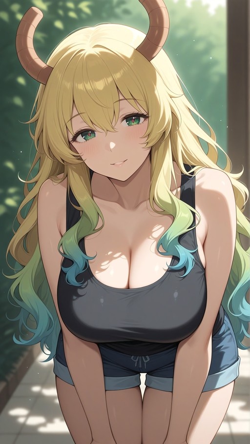Lucoa from Miss Kobayashi’s Dragon Maid with brown horns and gradient hair wearing a black tank top.