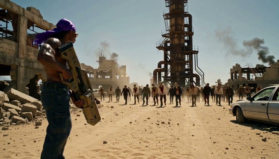 A shirtless man wearing a purple bandana fires a large transforming sci-fi cannon at an approaching horde of zombies in a dusty industrial ruin.