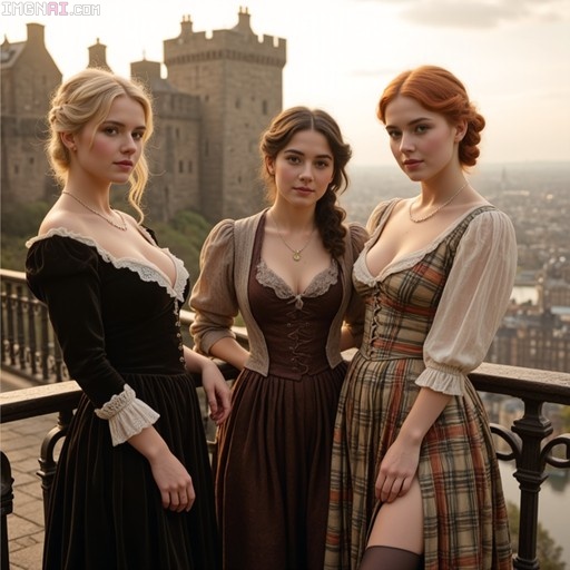 Three women in period Victorian gowns pose on a stone balcony with Edinburgh Castle rising in the background.