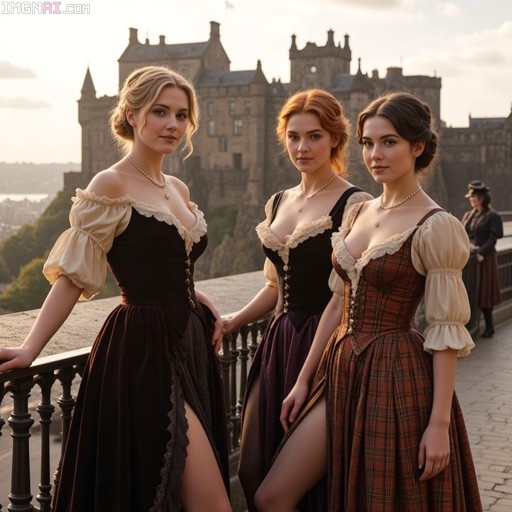 Three young women in Victorian-style dresses standing on a balcony with Edinburgh Castle in the background.