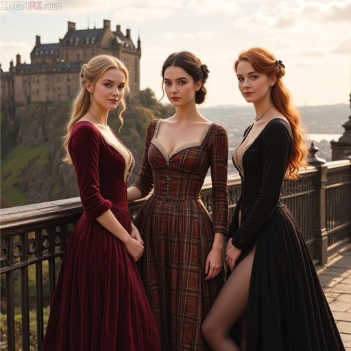 Three women in period gowns stand on a terrace with Edinburgh Castle in the background.