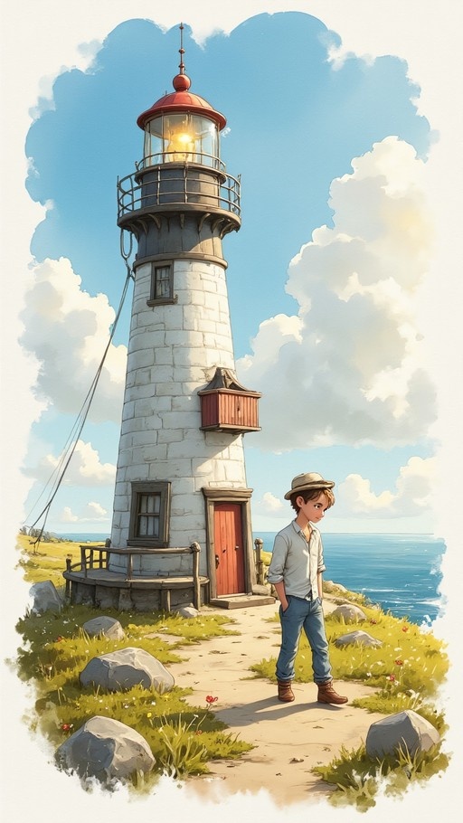 A watercolor-style illustration of a young man in a hat standing on a path near a white lighthouse by the sea.