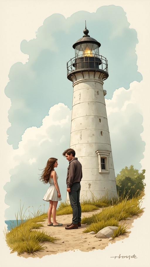 A man and woman standing in front of a white lighthouse on a grassy hill near the ocean, painted in a watercolor style.