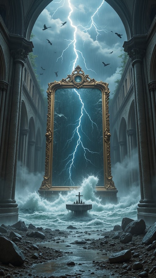 A large ornate golden mirror stands in a ruined Gothic cathedral as turbulent ocean waves and lightning burst from its shattered glass, flooding the floor while ravens fly overhead.