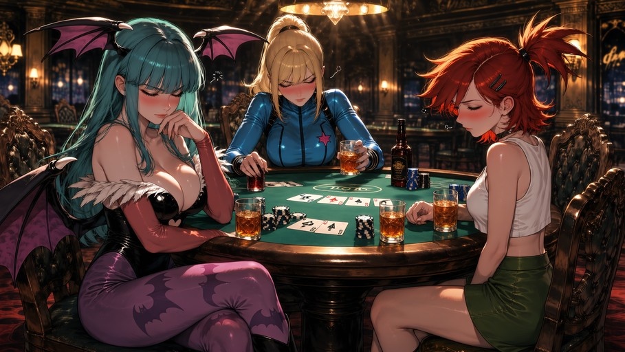 Morrigan Aensland, Zero Suit Samus, and Frankie Foster sitting at a poker table playing cards with drinks.