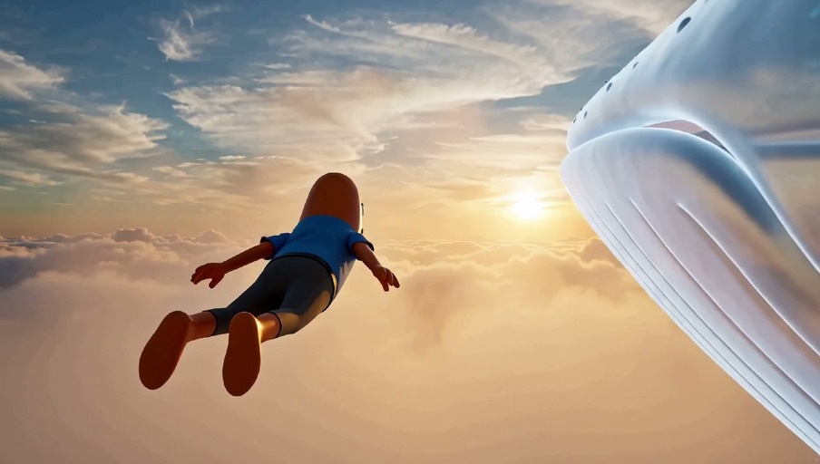 SpongeBob SquarePants flies through a cloudy sky alongside a massive translucent white whale during a golden sunrise.