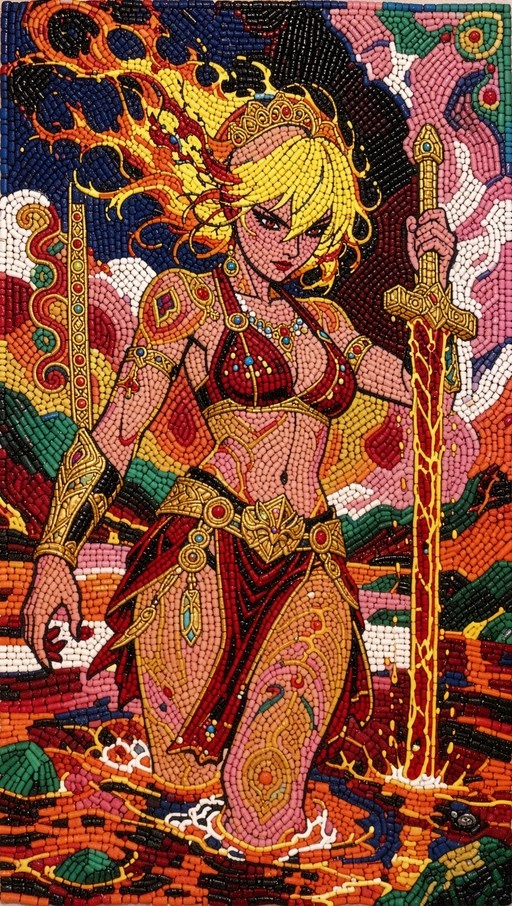 A portrait of a blonde fantasy warrior in red and gold armor holding a flaming sword, rendered in the style of colorful Indian bead art.